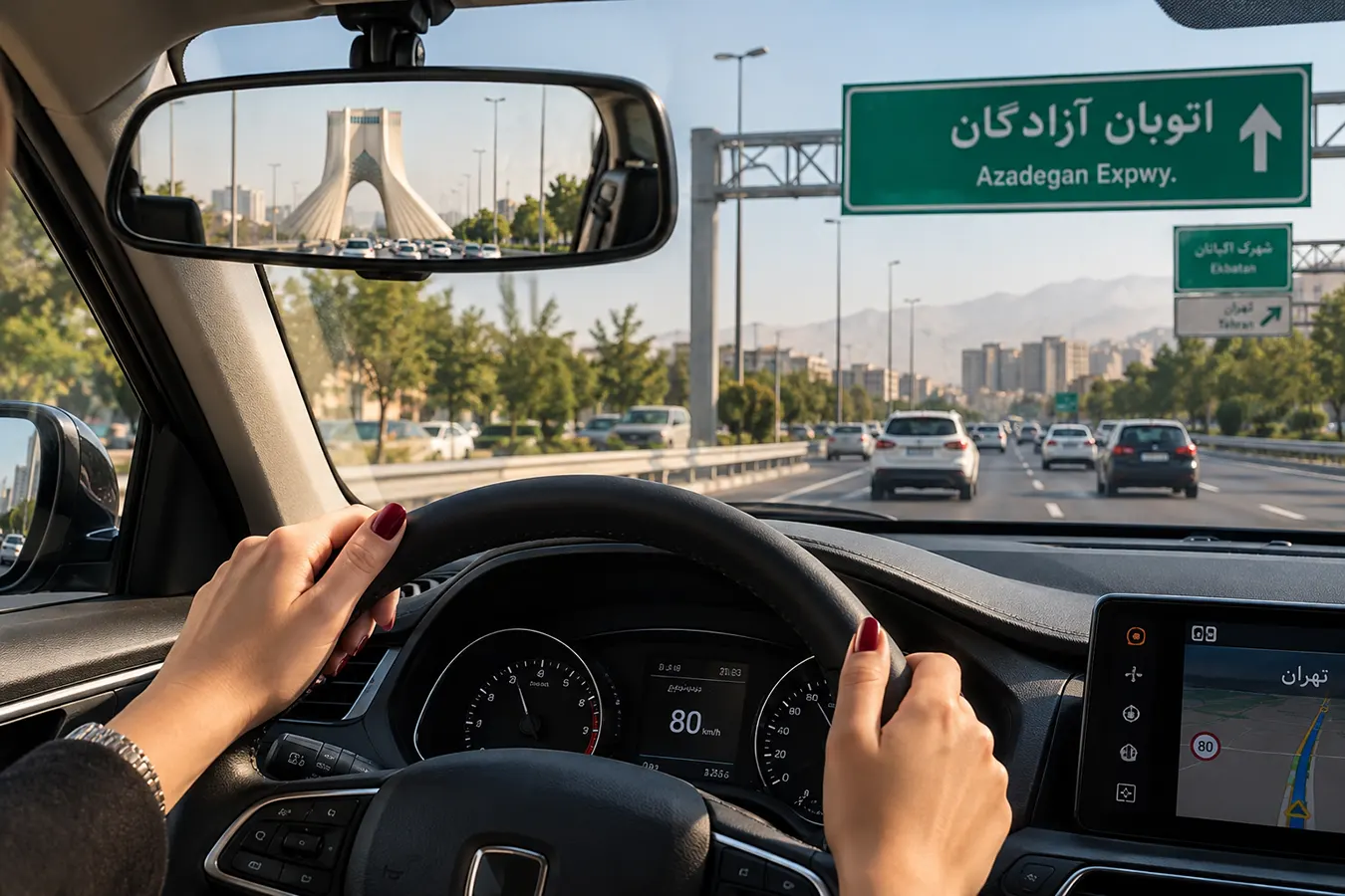 مسیر دسترسی به باغ و باغچه نزدیک تهران از اتوبان آزادگان با نمای میدان آزادی در آینه خودرو