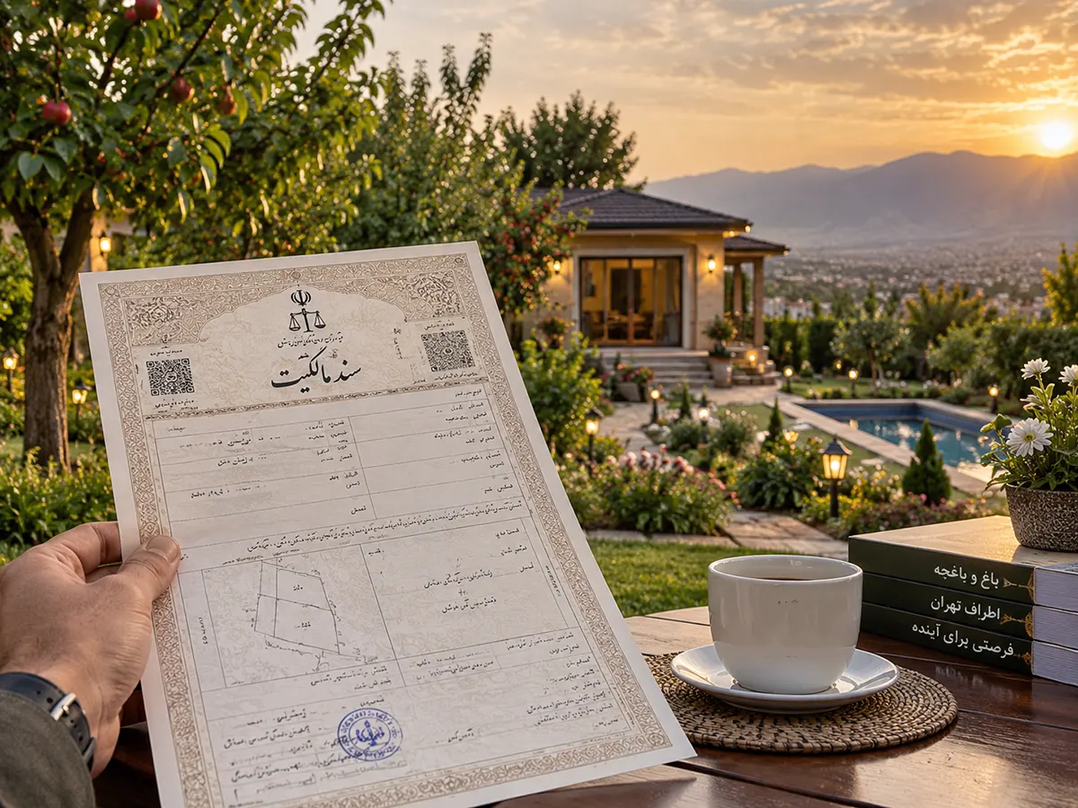 سند تک‌برگ باغ و باغچه در اطراف تهران با نمای فضای سبز و ملک