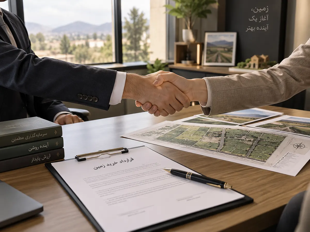 دست دادن دو نفر روی میز قرارداد خرید زمین در دفتر مشاوره املاک